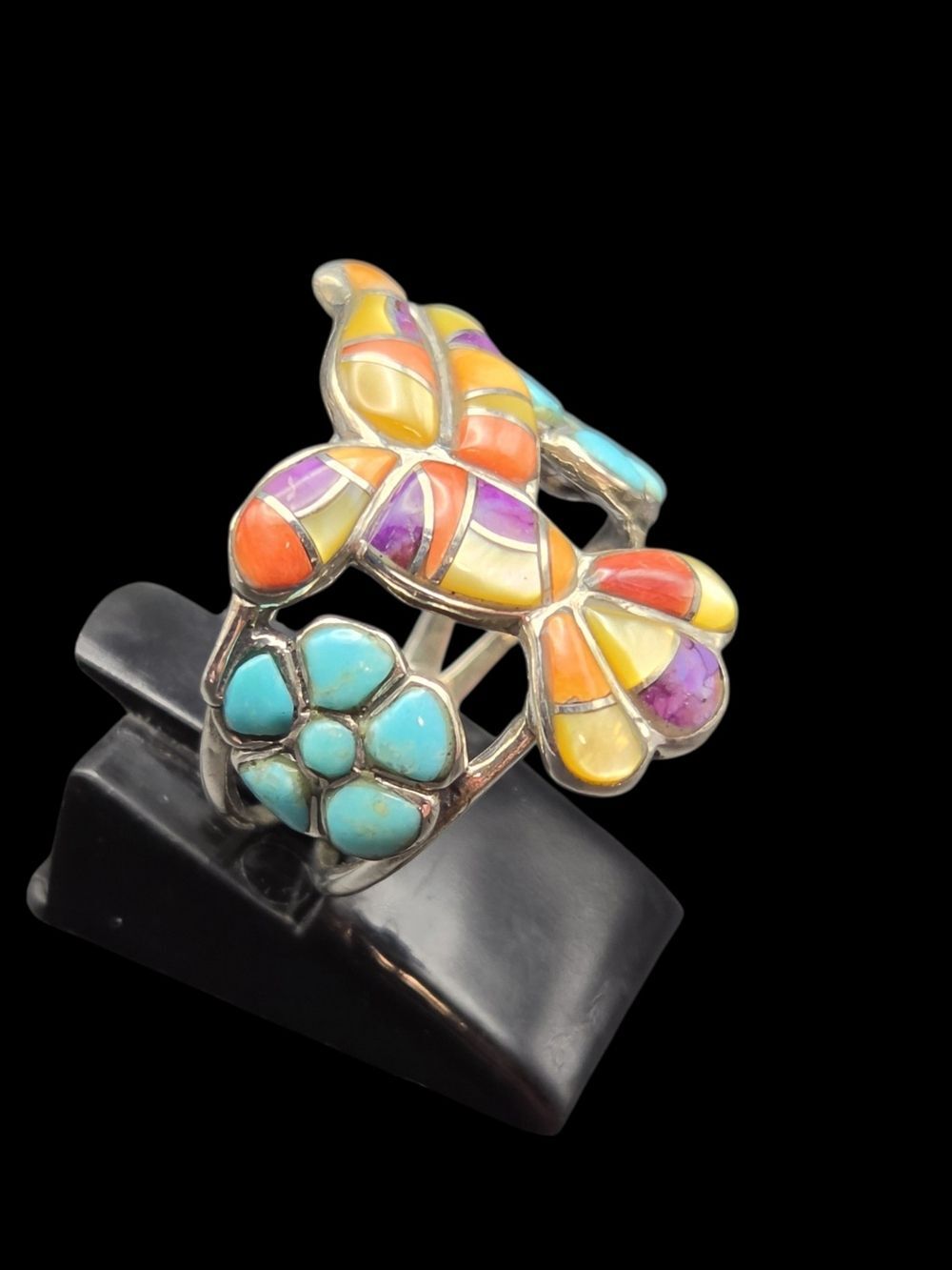 Sterling Silver Spiny Oyster & Turquoise Floral Ring, Size 7 - Picture 2 of 5